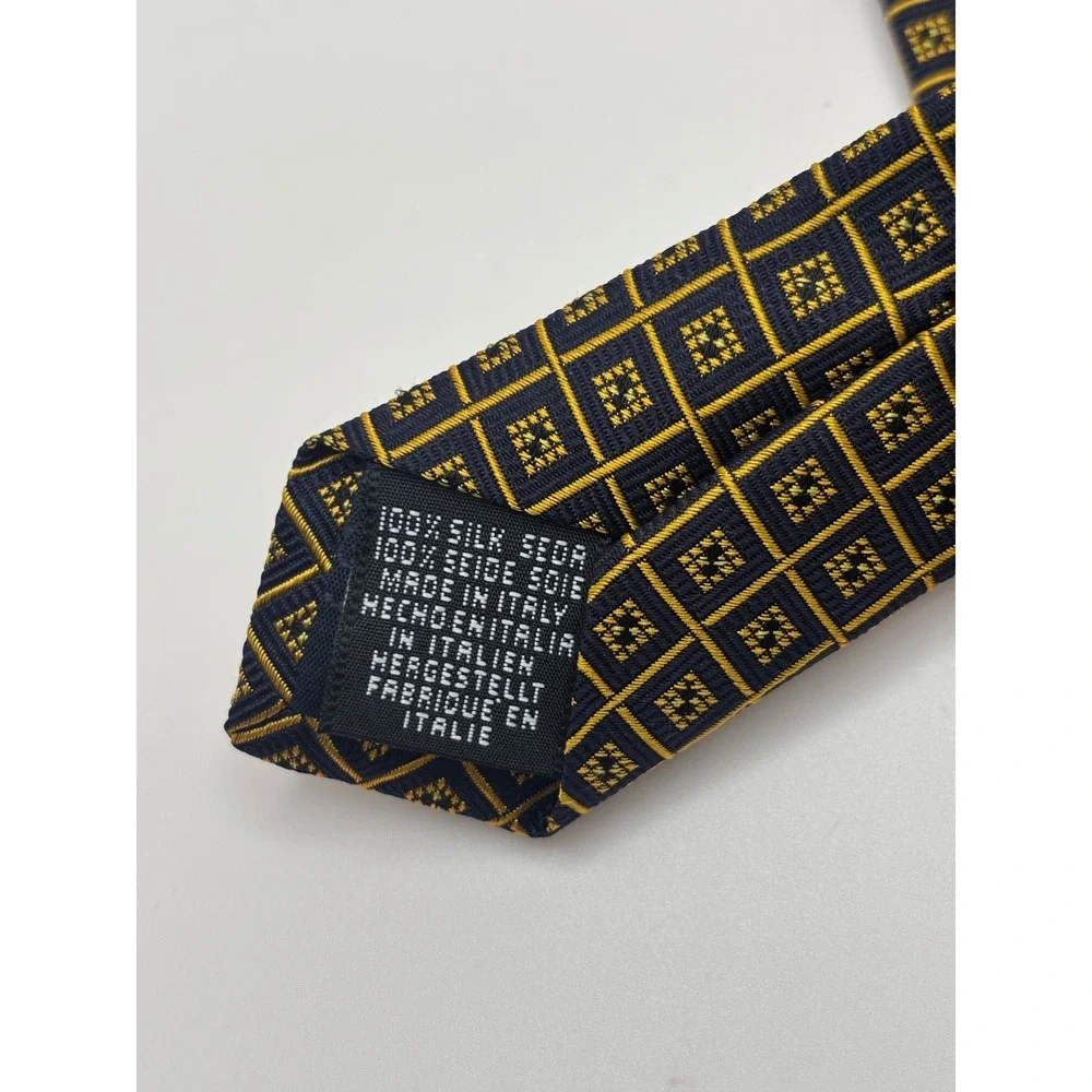 Tie Rack Mens Silk Tie Navy Blue Gold Geometric Grid Made in Italy Necktie